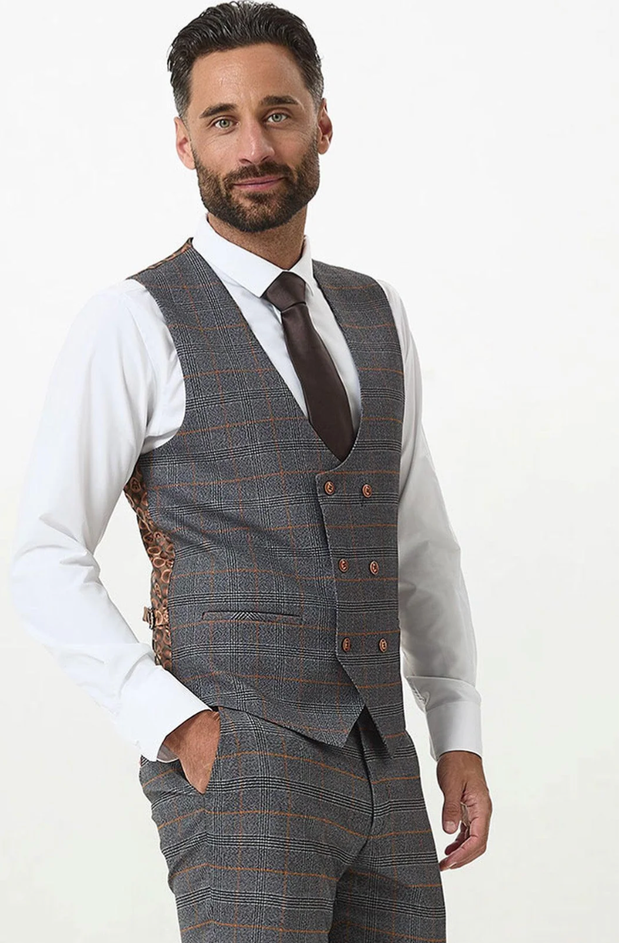 Marc Darcy Jenson Grey Check Double Breasted Waistcoat