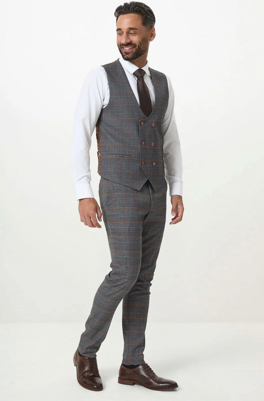 Marc Darcy Jenson Grey Check Double Breasted Waistcoat