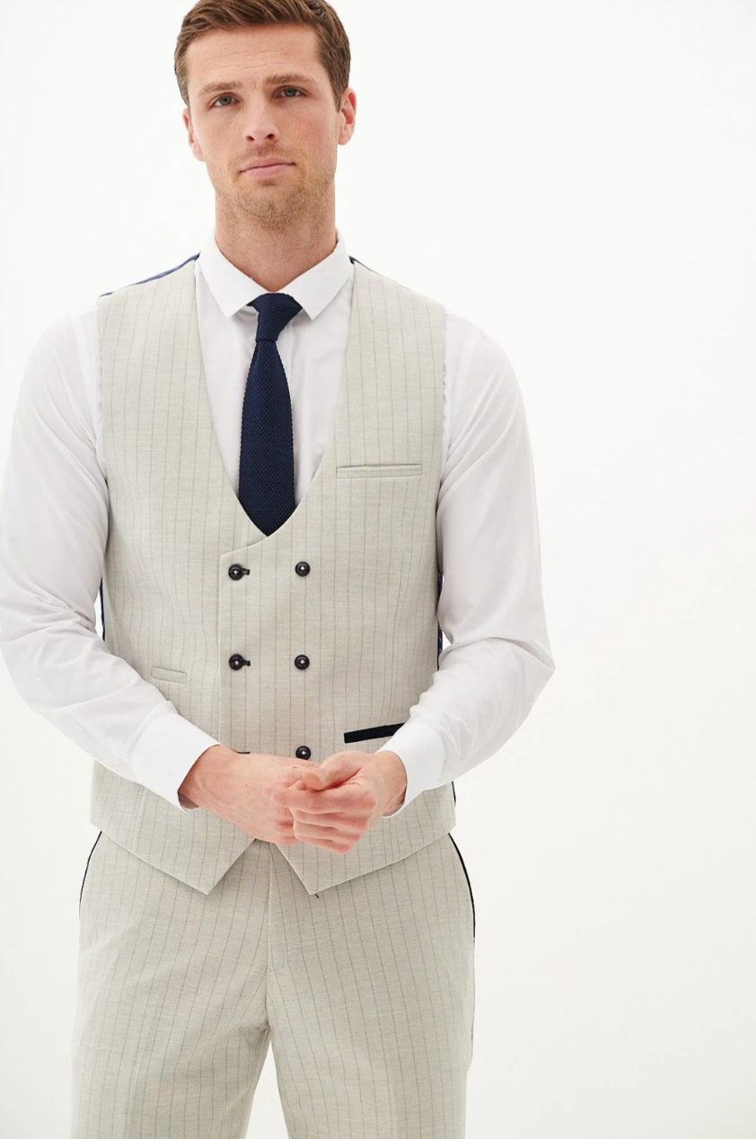 Marc Darcy Grant Pinstripe Stone Double Breasted Waistcoat