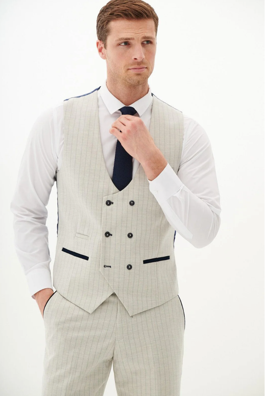 Marc Darcy Grant Pinstripe Stone Double Breasted Waistcoat