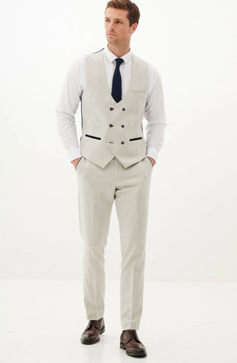 Marc Darcy Grant Pinstripe Stone Double Breasted Waistcoat