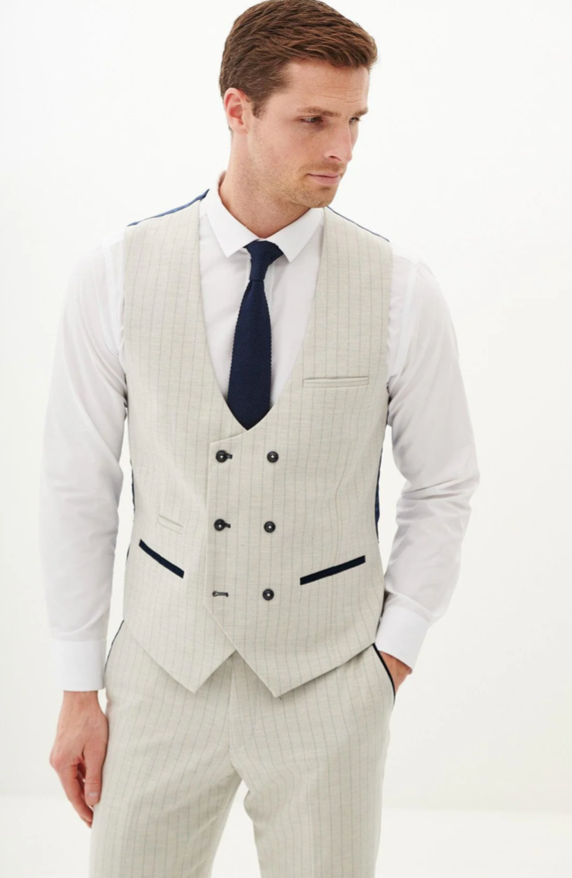 Marc Darcy Grant Pinstripe Stone Double Breasted Waistcoat
