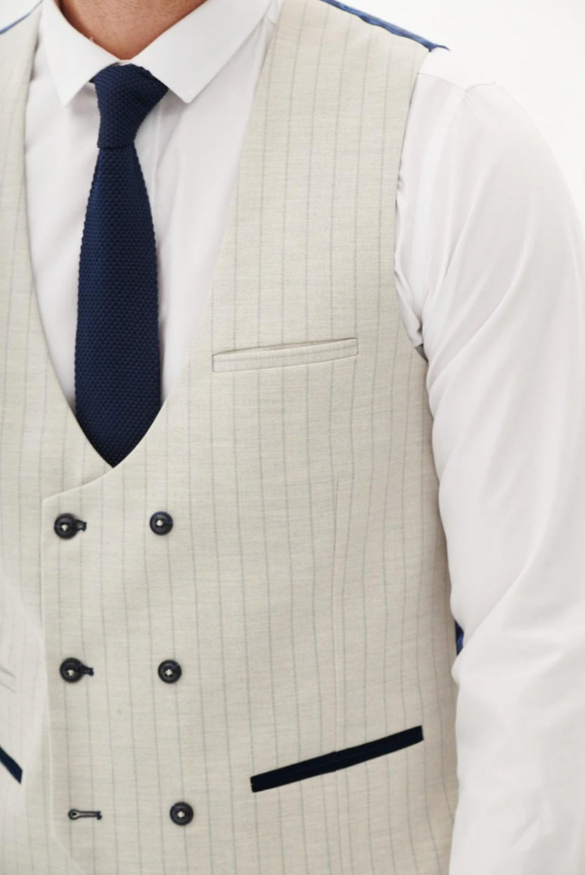 Marc Darcy Grant Pinstripe Stone Double Breasted Waistcoat