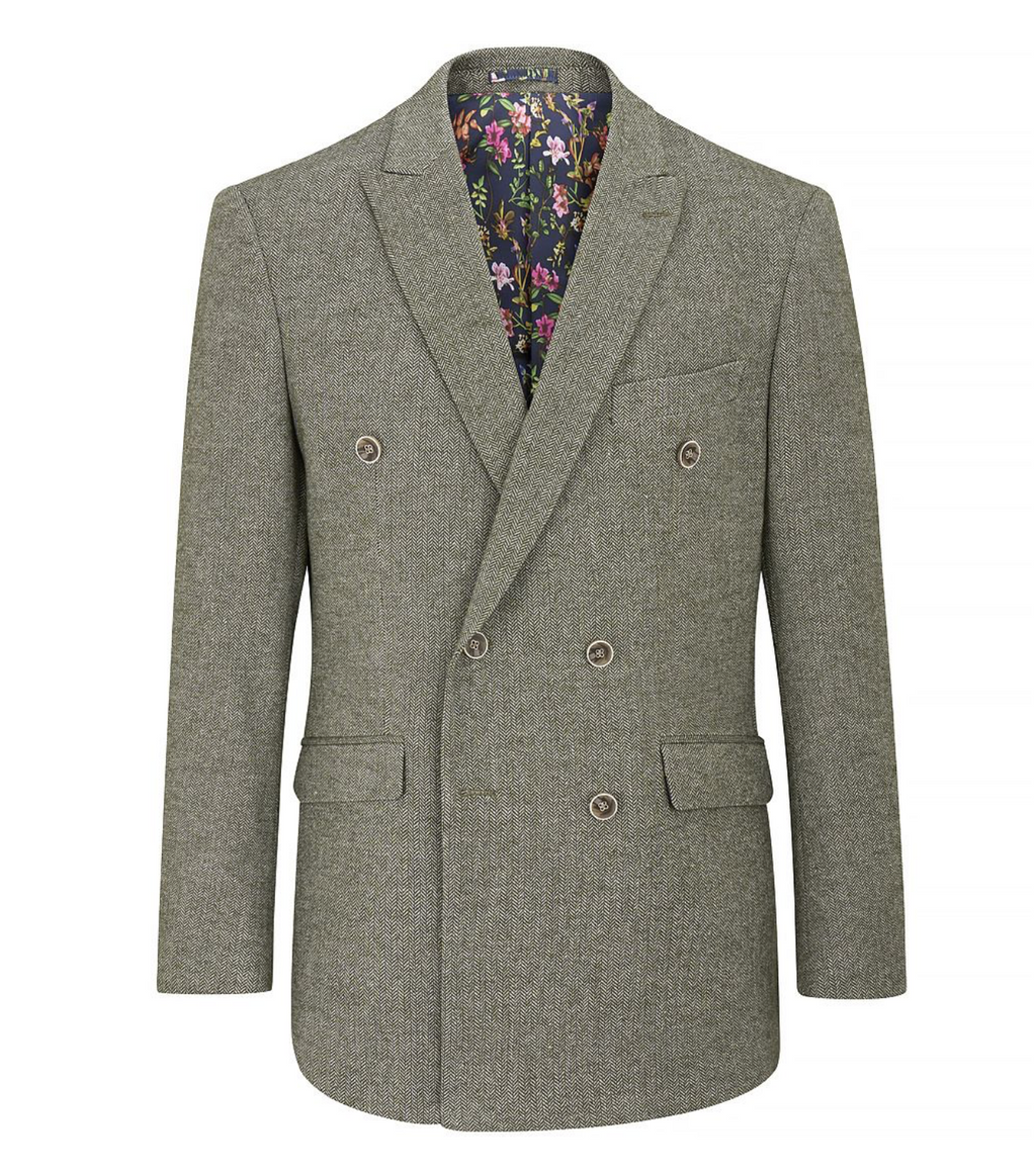 Skopes Jude Sage Green Tweed Herringbone Double Breasted Jacket