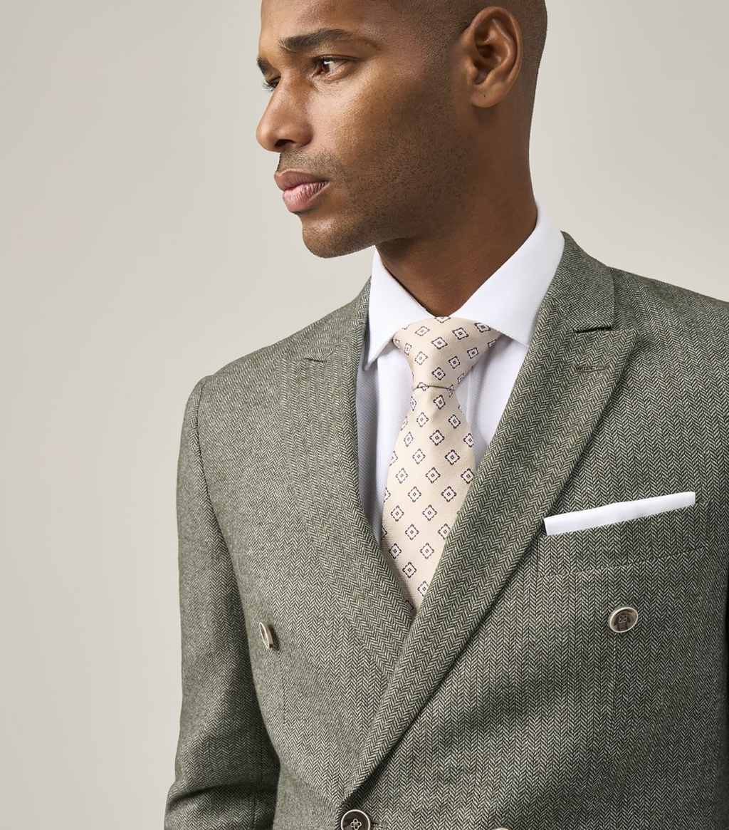 Skopes Jude Sage Green Tweed Herringbone Double Breasted Jacket